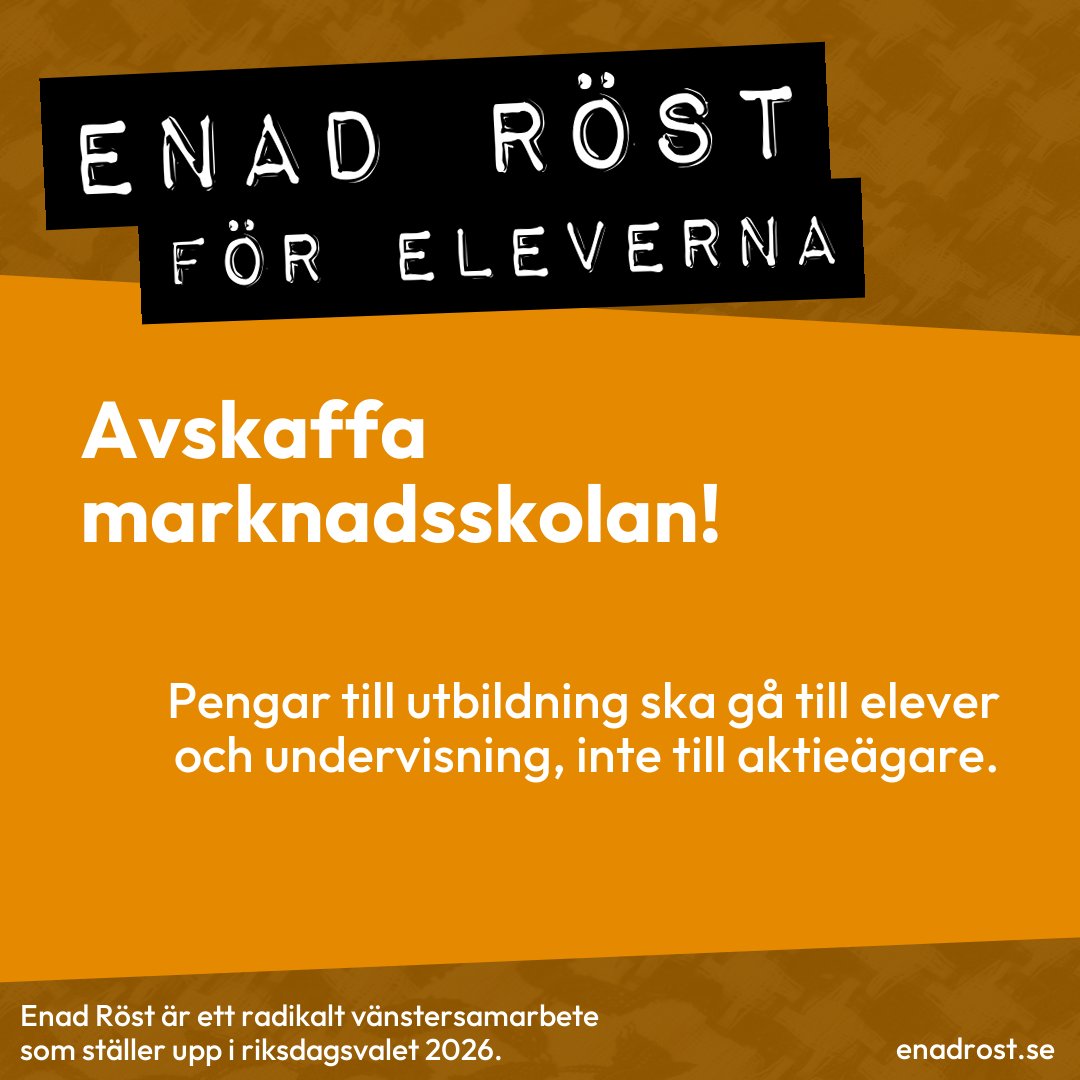 Enad Röst vill avskaffa marknadsskolan, och att skolans pengar ska gå till elevernas utbildning, inte till privata vinster.  