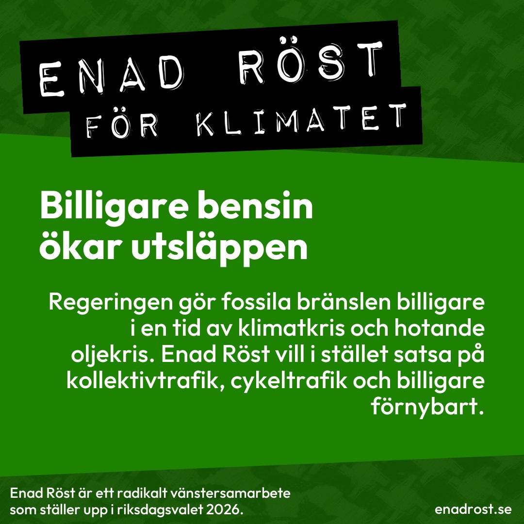 Enad Röst vill satsa på kollektivtrafik, cykeltrafik och billigare förnybart - inte billigare bensin, för det ökar utsläppen.