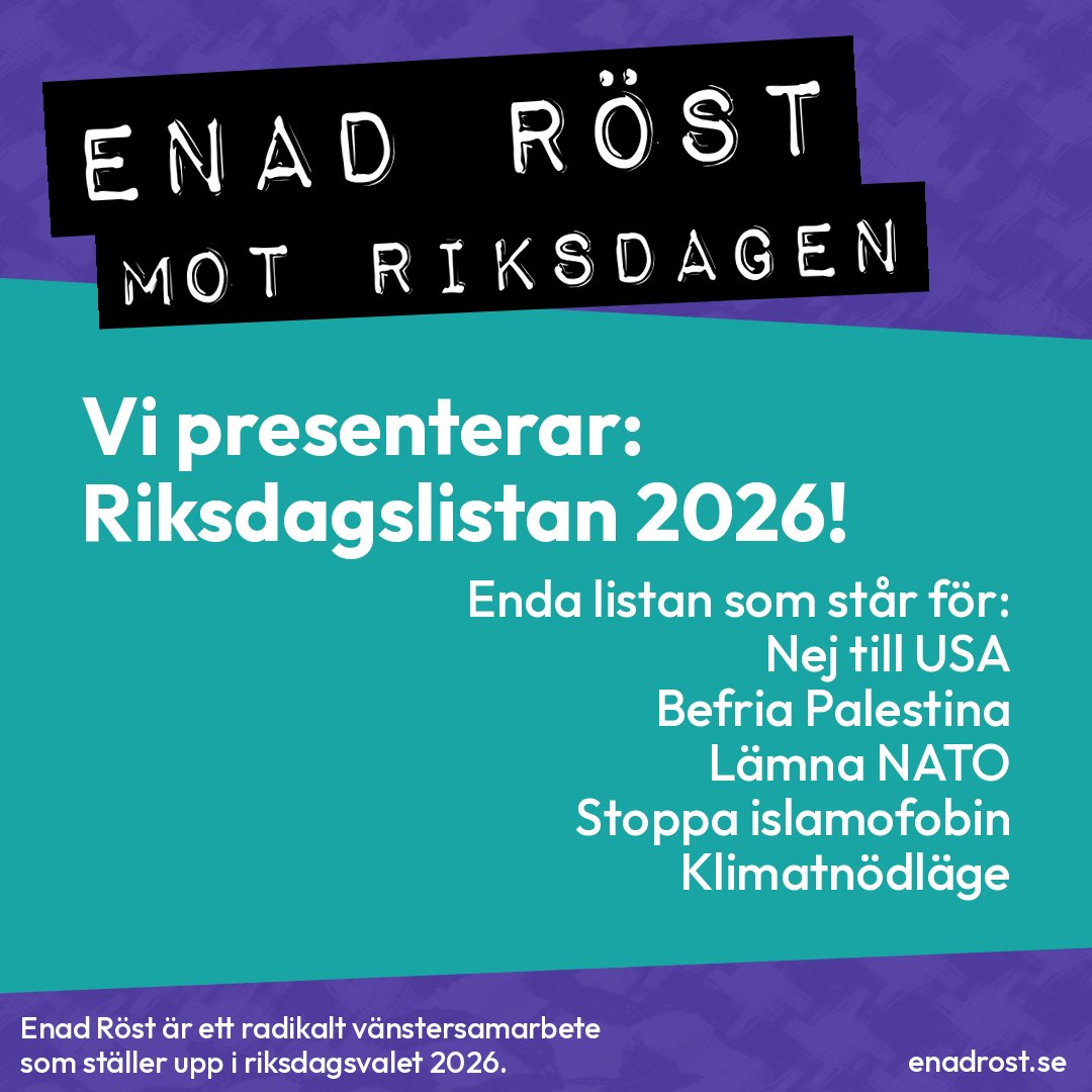 Vi presenterar Riksdagslistan 2026!

Enda listan som står för:
-Nej till USA
-Befria Palestina
-Lämna NATO
-Stoppa islamofobin
-Klimatnödläge