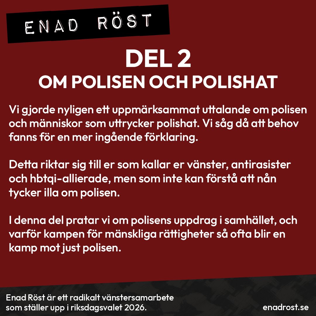 Rubrik: Del 2 - Om polisen och polishat.

Brödtext: Vi gjorde nyligen ett uppmärksammat uttalande om polisen och människor som uttrycker polishat. Vi såg då att behov fanns för en mer ingående förklaring.Detta riktar sig till er som kallar er vänster, antirasister och hbtqi-allierade, men som inte kan förstå att nån tycker illa om polisen.

I denna del pratar vi om polisens uppdrag i samhället, och varför kampen för mänskliga rättigheter så ofta blir en kamp mot just polisen.