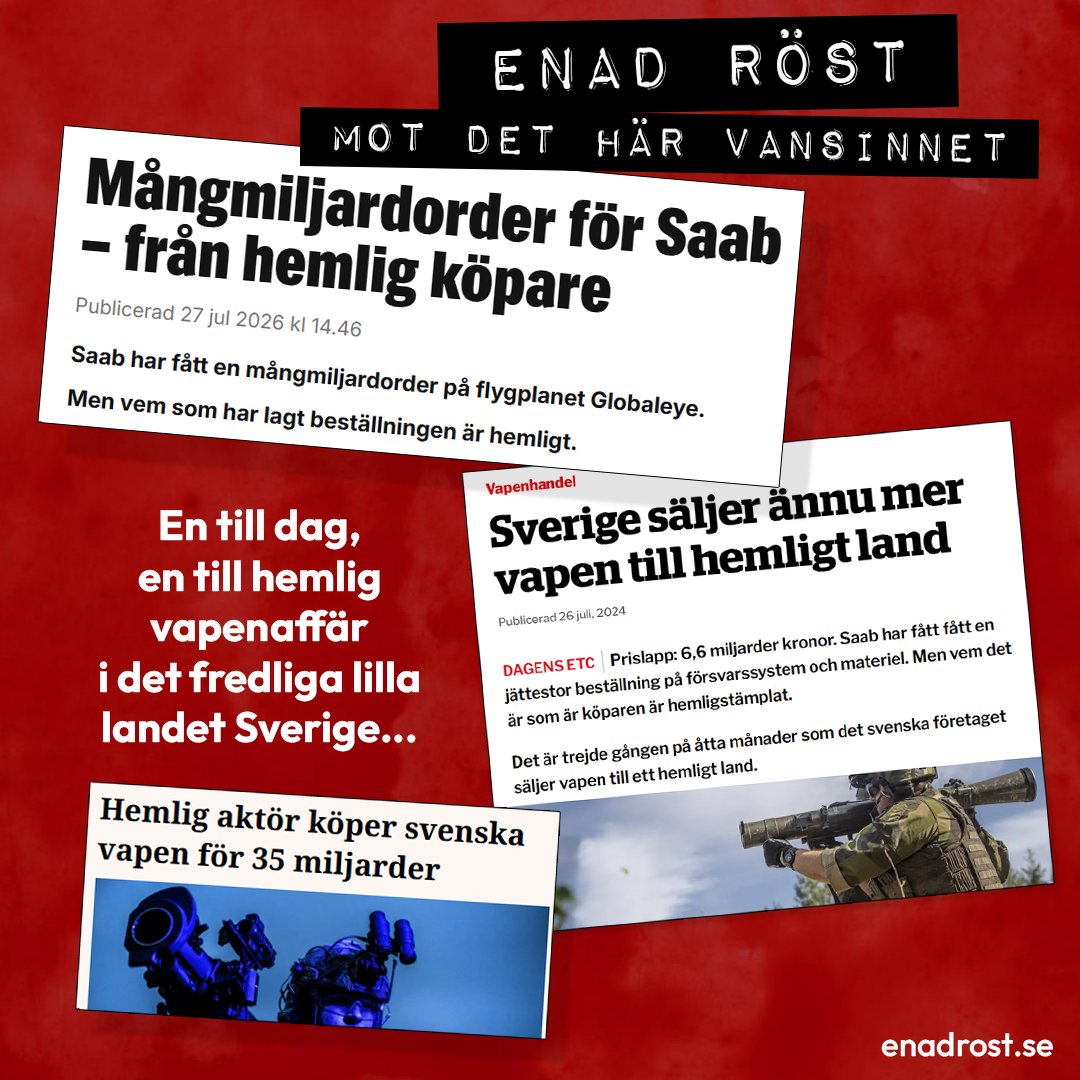 Flera tidningsurklipp om hemliga vapenaffärer för miljardbelopp.
Rubriken på bilden är 