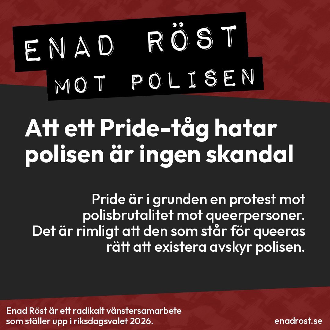 Enad Röst ifrågasätter att det är en skandal när ett Pride-tåg hatar polisen, och menar att det är rimligt att den som står för queeras rätt att existerar avskyr polisen.