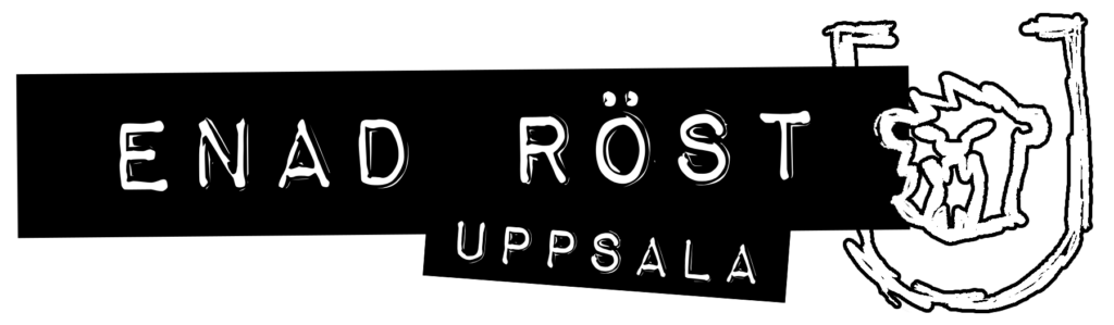 Logotyp för Enad Röst Uppsala. Orden "Enad Röst" och "Uppsala" står skrivna som dynamo-remsor bredivd en skiss på ett lejonhuvud i en vapensköld.