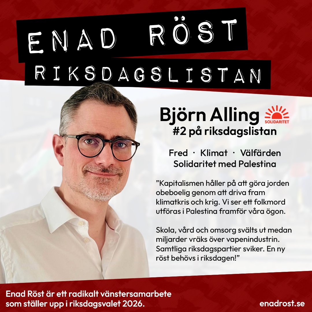 En bild på Björn Alling från Solidaritet, som är nummer 2 på riksdagslistan. Bredvid porträttbilden på honom står texten 