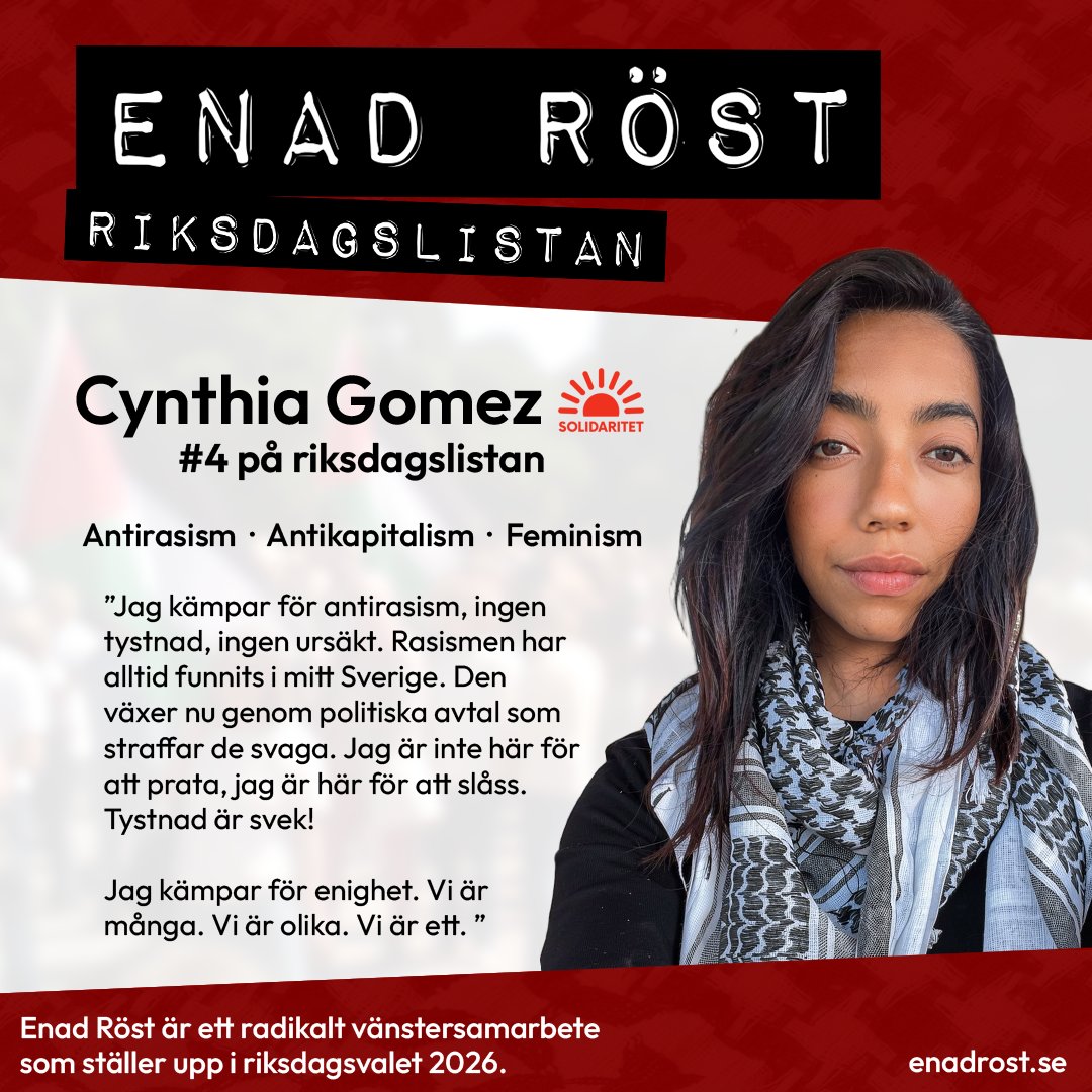En bild på Cynthia Gomez, nummer 4 på riksdagslistan för Enad Röst.
Bredvid hennes porträtt står orden