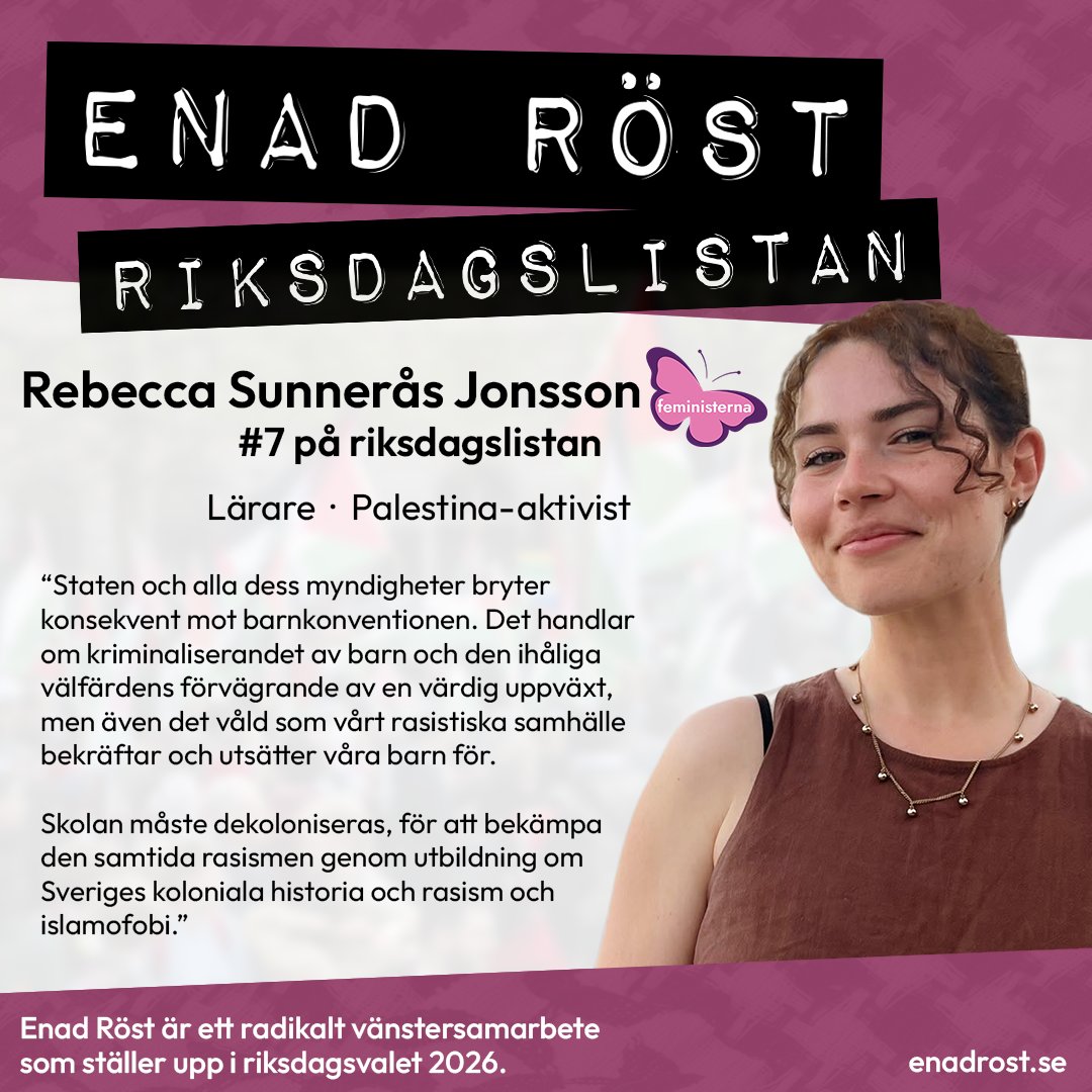 En bild på Rebecca Sunnerås Jonssson från Feministerna som är nummer 7 på riksdagslistan för Enad Röst. Orden 