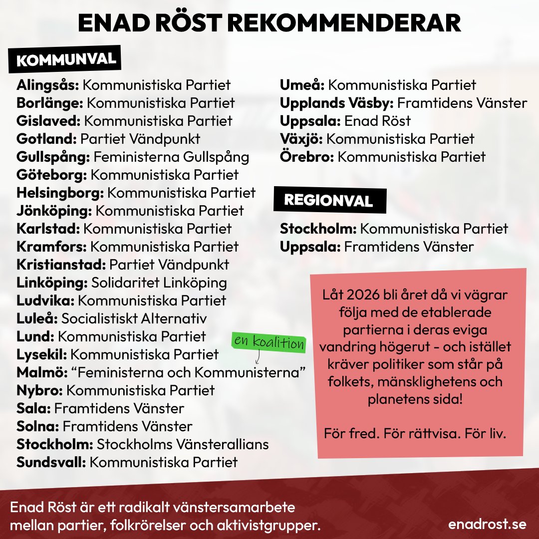 En lista över kommuner och partier som Enad Röst rekommenderar:

Alingsås: Kommunistiska Partiet
Borlänge: Kommunistiska Partiet
Gislaved: Kommunistiska Partiet
Gotland: Partiet Vändpunkt
Gullspång: Feministerna Gullspång
Göteborg: Kommunistiska Partiet
Helsingborg: Kommunistiska Partiet
Jönköping: Kommunistiska Partiet
Karlstad: Kommunistiska Partiet
Kramfors: Kommunistiska Partiet
Kristianstad: Partiet Vändpunkt
Linköping: Solidaritet Linköping
Ludvika: Kommunistiska Partiet
Luleå: Socialistiskt Alternativ (tidigare Rättvisepartiet Socialisterna)
Lund: Kommunistiska Partiet
Lysekil: Kommunistiska Partiet
Malmö: 