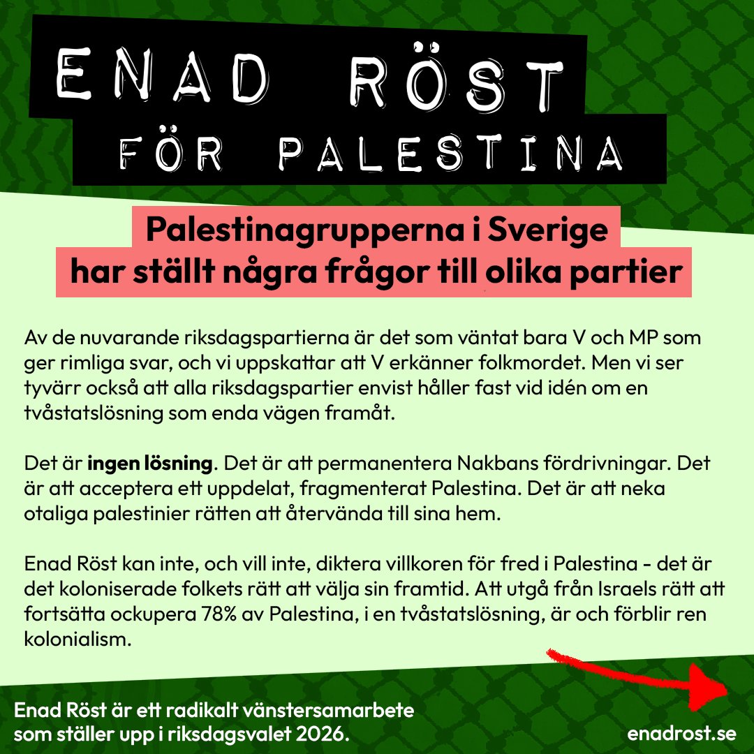 Grön bakgrund med keffiyeh-mönster. Längs upp står det 