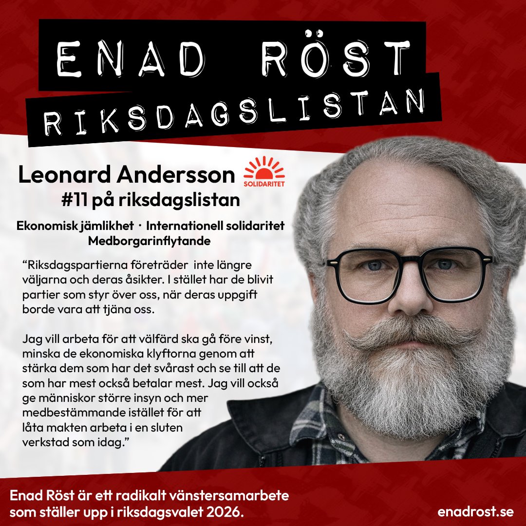 En bild på Leonard Andersson från Solidaritet som är nummer 11 på riksdagslistan för Enad Röst. Under hans namn står