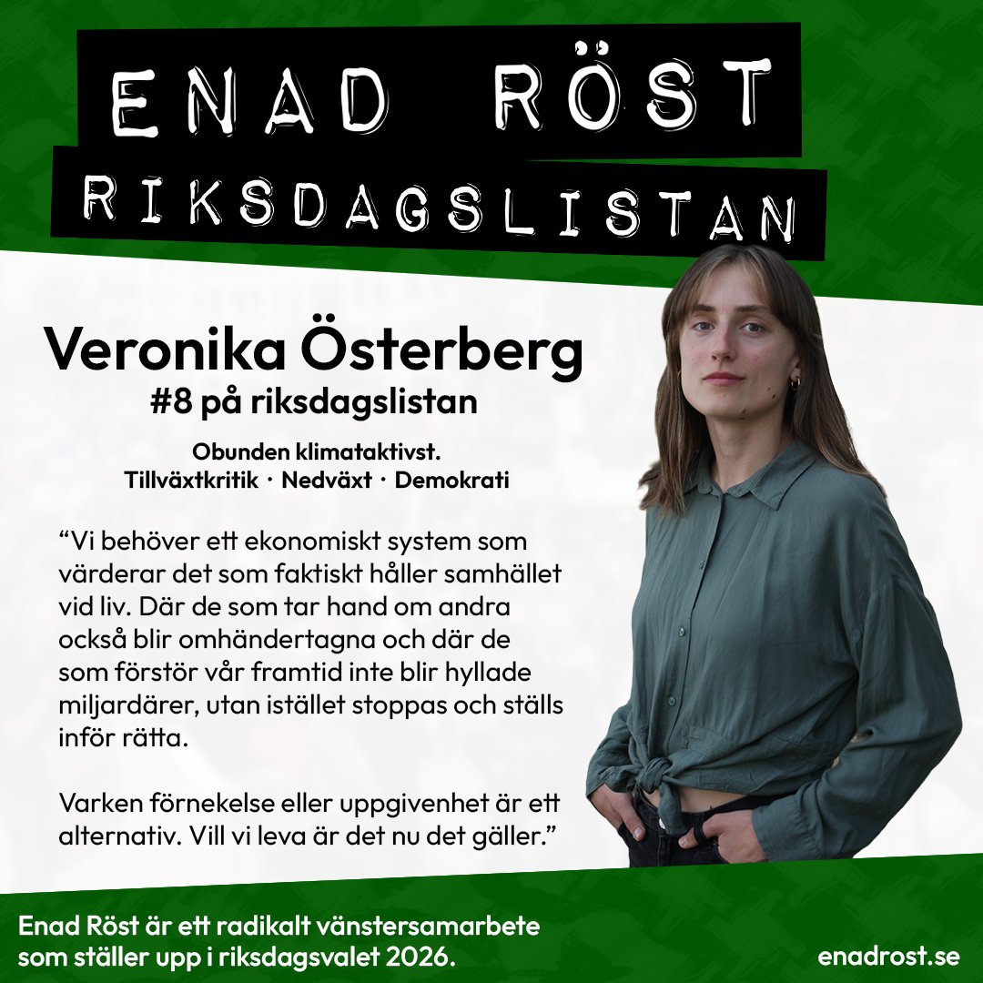 En bild på Veronika Österberg som är nummer 8 på riksdagslistan för Enad Röst. Under hennes namn står 