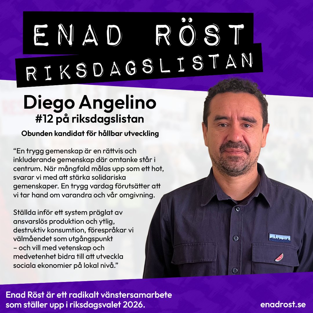 En porträttbild på Diego Angelino, som är på plats 12 på riksdagslistan. Under hans namn står att han är en obunden kandidat för hållbar utveckling. Under detta står sedan ett citat: 