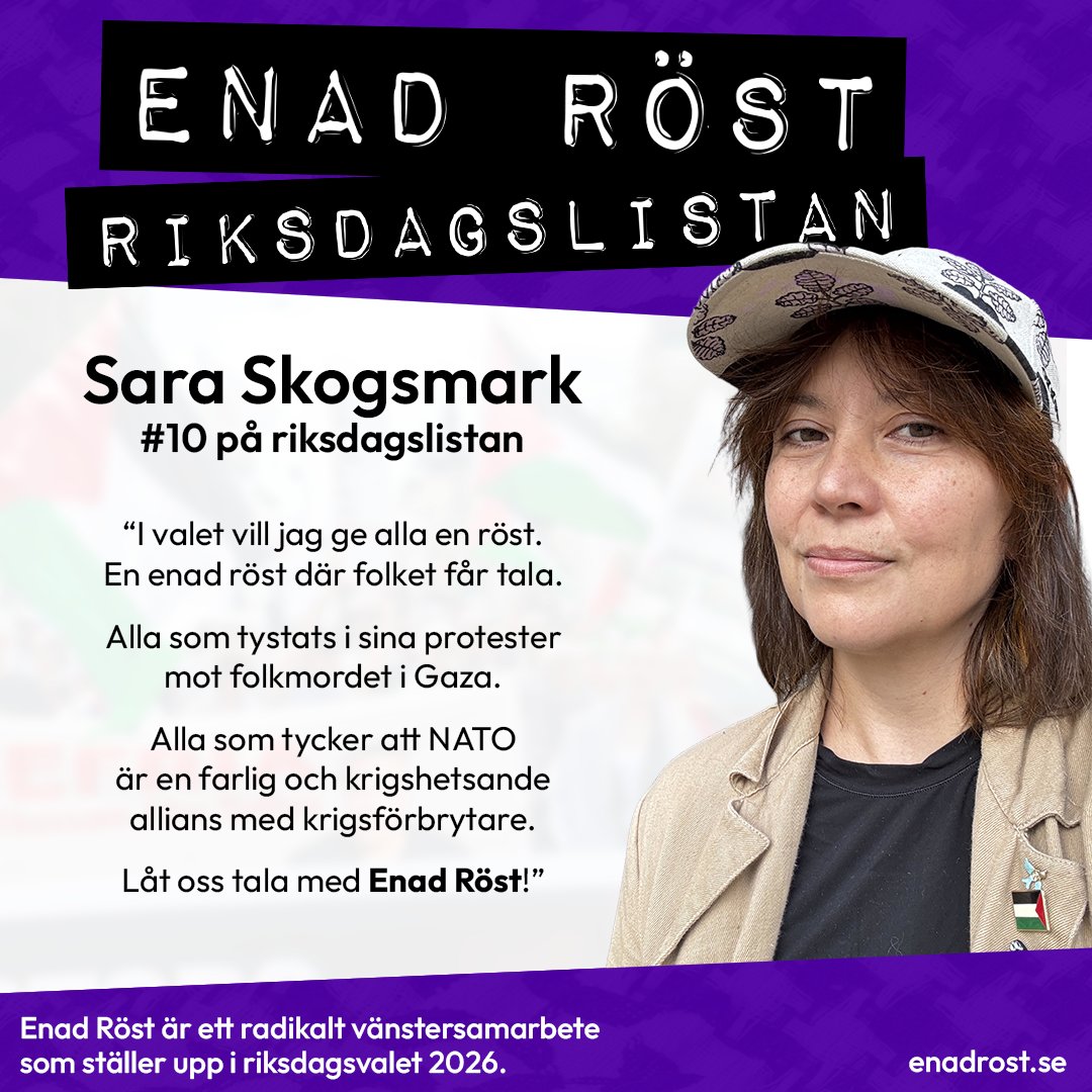 En porträttbild på Sara Skogsmark, som är på plats 10 på riksdagslistan. Bredvid fotografiet på henne står ett citat:
