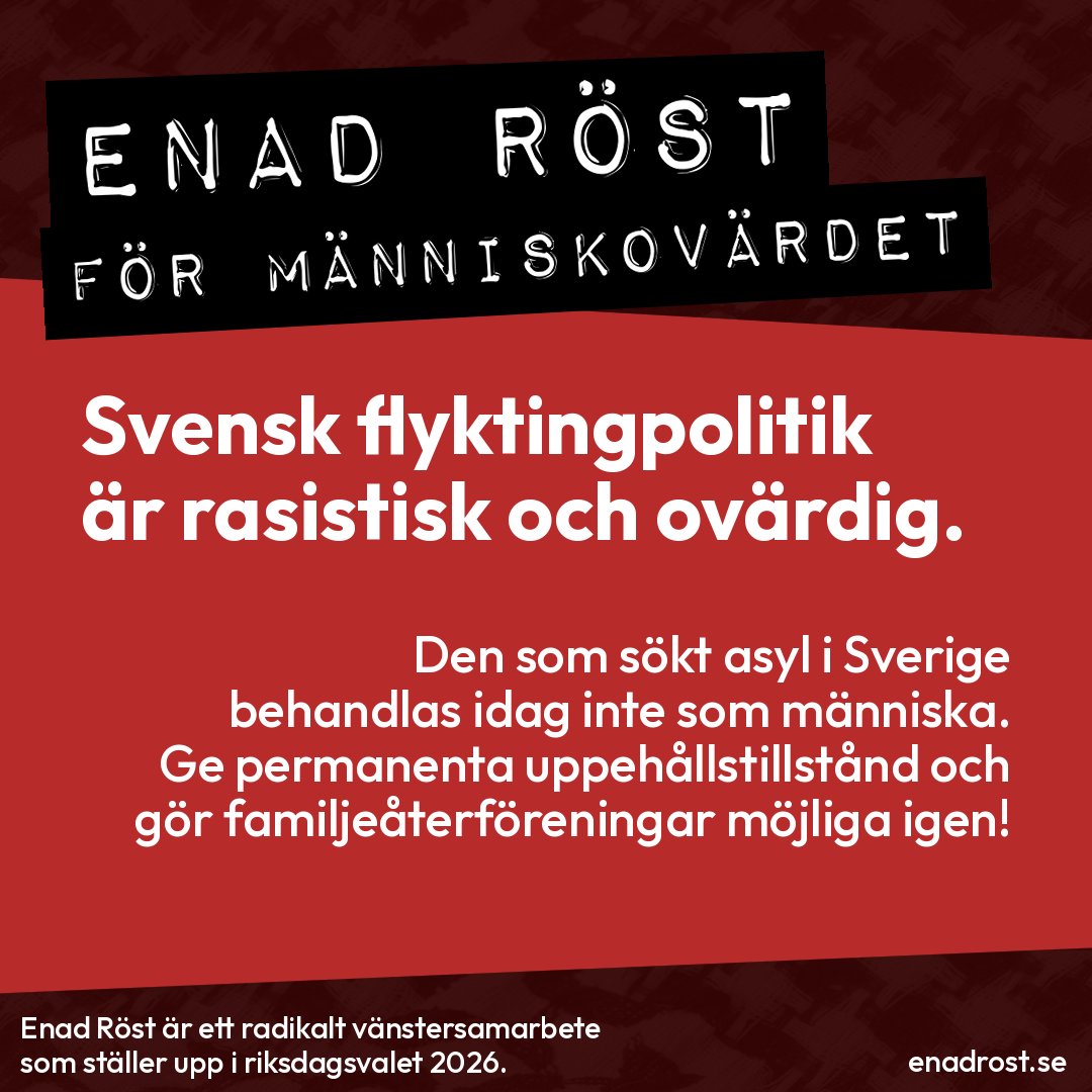 Text på röd bakgrund. Längst upp står det Enad Röst för människovärdet.