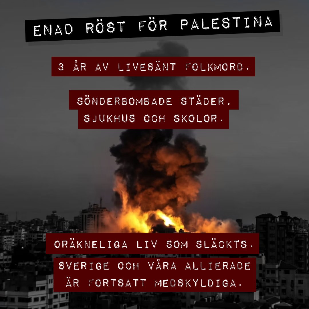 En bild på en stor explosion i en stad i Gaza. I textremsor tvärs över bilden står det 