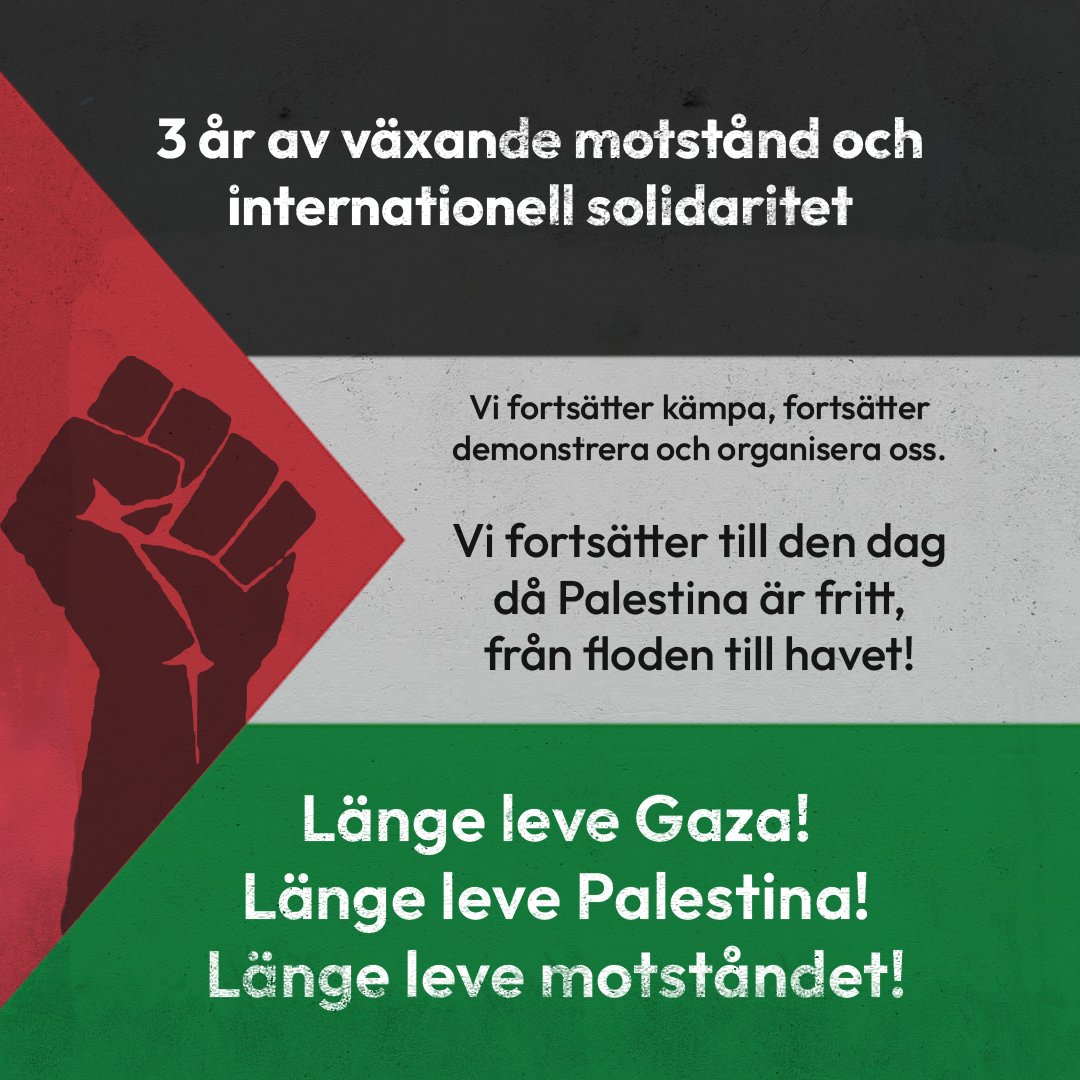 Bakgrunden är en palestinska flagga, med en knuten näve i det röda fältet. I flaggen syns text. Det står 